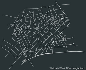 Detailed negative navigation white lines urban street roads map of the WICKRATH-WEST DISTRICT of the German regional capital city of Mönchengladbach, Germany on dark gray background