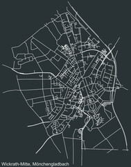 Detailed negative navigation white lines urban street roads map of the WICKRATH-MITTE DISTRICT of the German regional capital city of Mönchengladbach, Germany on dark gray background