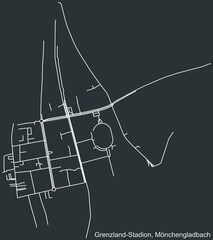 Detailed negative navigation white lines urban street roads map of the GRENZLANDSTADION DISTRICT of the German regional capital city of Mönchengladbach, Germany on dark gray background