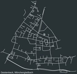 Detailed negative navigation white lines urban street roads map of the GEISTENBECK DISTRICT of the German regional capital city of Mönchengladbach, Germany on dark gray background