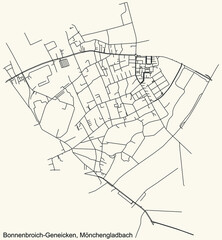 Detailed navigation black lines urban street roads map of the BONNENBROICH-GENEICKEN DISTRICT of the German regional capital city of Mönchengladbach, Germany on vintage beige background