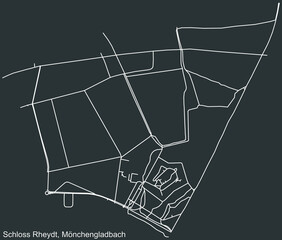Detailed negative navigation white lines urban street roads map of the SCHLOSS RHEYDT DISTRICT of the German regional capital city of Mönchengladbach, Germany on dark gray background