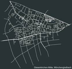 Detailed negative navigation white lines urban street roads map of the GIESENKIRCHEN-MITTE DISTRICT of the German regional capital city of Mönchengladbach, Germany on dark gray background