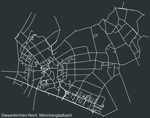 Detailed negative navigation white lines urban street roads map of the GIESENKIRCHEN-NORD DISTRICT of the German regional capital city of Mönchengladbach, Germany on dark gray background