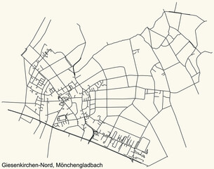 Detailed navigation black lines urban street roads map of the GIESENKIRCHEN-NORD DISTRICT of the German regional capital city of Mönchengladbach, Germany on vintage beige background