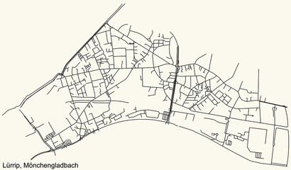 Fototapeta na wymiar Detailed navigation black lines urban street roads map of the LÜRRIP DISTRICT of the German regional capital city of Mönchengladbach, Germany on vintage beige background