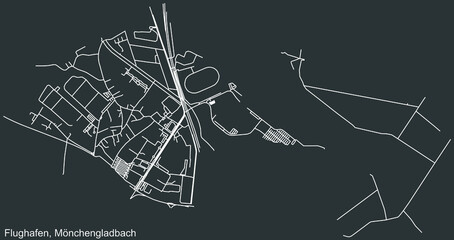 Detailed negative navigation white lines urban street roads map of the FLUGHAFEN DISTRICT of the German regional capital city of Mönchengladbach, Germany on dark gray background