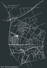 Detailed negative navigation white lines urban street roads map of the VENN DISTRICT of the German regional capital city of Mönchengladbach, Germany on dark gray background