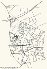 Detailed navigation black lines urban street roads map of the VENN DISTRICT of the German regional capital city of Mönchengladbach, Germany on vintage beige background