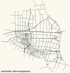 Fototapeta na wymiar Detailed navigation black lines urban street roads map of the HARDT-MITTE DISTRICT of the German regional capital city of Mönchengladbach, Germany on vintage beige background