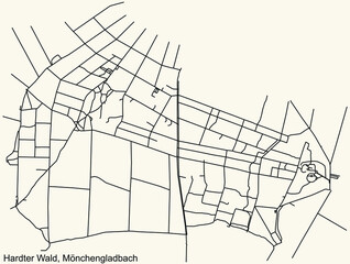 Detailed navigation black lines urban street roads map of the HARDTER WALD DISTRICT of the German regional capital city of Mönchengladbach, Germany on vintage beige background