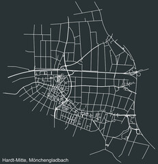 Detailed negative navigation white lines urban street roads map of the HARDT-MITTE DISTRICT of the German regional capital city of Mönchengladbach, Germany on dark gray background