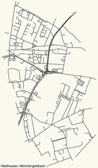 Detailed navigation black lines urban street roads map of the WALDHAUSEN DISTRICT of the German regional capital city of Mönchengladbach, Germany on vintage beige background