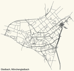 Detailed navigation black lines urban street roads map of the GLADBACH DISTRICT of the German regional capital city of Mönchengladbach, Germany on vintage beige background