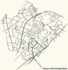 Detailed navigation black lines urban street roads map of the EICKEN DISTRICT of the German regional capital city of Mönchengladbach, Germany on vintage beige background