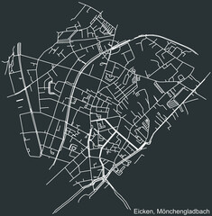 Detailed negative navigation white lines urban street roads map of the EICKEN DISTRICT of the German regional capital city of Mönchengladbach, Germany on dark gray background