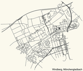 Detailed navigation black lines urban street roads map of the WINDBERG DISTRICT of the German regional capital city of Mönchengladbach, Germany on vintage beige background