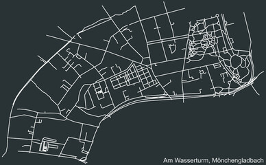 Detailed negative navigation white lines urban street roads map of the AM WASSERTURM DISTRICT of the German regional capital city of Mönchengladbach, Germany on dark gray background