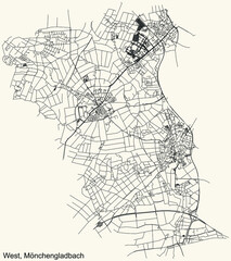 Detailed navigation black lines urban street roads map of the WEST BOROUGH of the German regional capital city of Mönchengladbach, Germany on vintage beige background