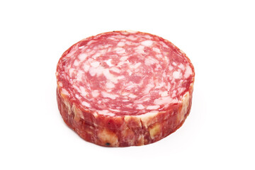 Salami smoked sausage, Traditional dry-cured Milano salami, isolated on white background.