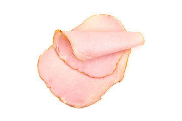 Smoked pork loin slices, isolated on white background.