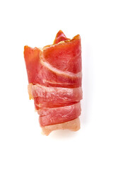 Spanish jamon iberico slices, serrano ham, isolated on white background.