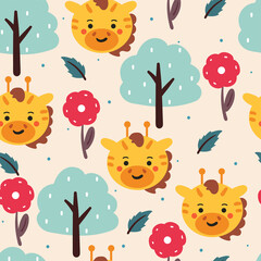 seamless pattern hand drawing cartoon giraffe and flower. animal drawing for fabric print, textile, gift wrap paper