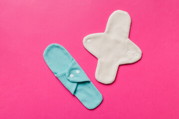 Eco-friendly reusable fabric women's pads. set of colorful bright reusable menstrual pads. zero waste woman periods concept top view with copy space