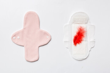 set of colorful bright reusable menstrual pads. zero waste woman periods concept top view with copy space