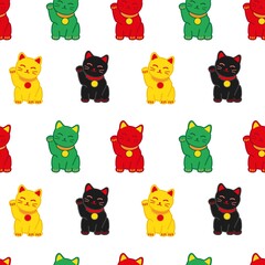 Maneki Neko Seamless pattern. Symbol of good luck, fortune and prosperity