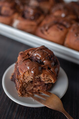 sweet home made chocolate cinnamon rolls on a table
