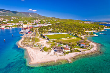 Town of Kraljevica in Kvarner bay beach and lighthouse aerial view