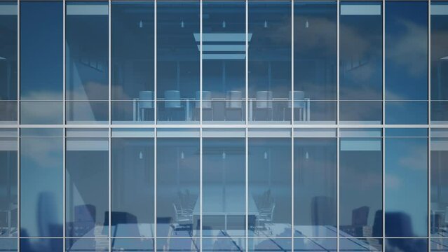 Moving down along corporate building windows. Modern skyscraper. Reflections on windows. Office building glass facade. Realistic 3D Render. Cityscape, architecture. Seamless loop concept animation 4K