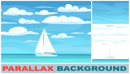 Sailing yacht. Calm blue sea. Set parallax effect. White single masted vessel with classic hull lines. Sky and clouds. View from afar. Flat style. Vector