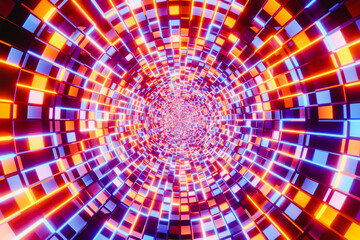 3D illustration. Endless tunnel with glowing multicolored lights. Abstract tunnel