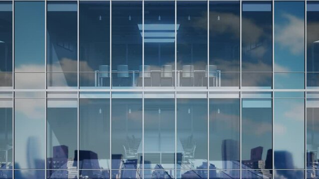 Moving up along corporate building windows. Modern skyscraper. Reflections on windows. Office building glass facade. Realistic 3D Render. Cityscape, architecture. Seamless loop concept animation 4K