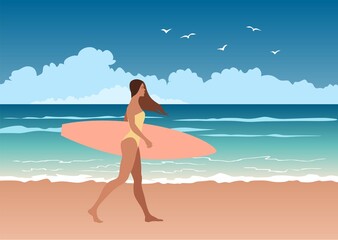 woman on the beach surfing  - obrazy, fototapety, plakaty