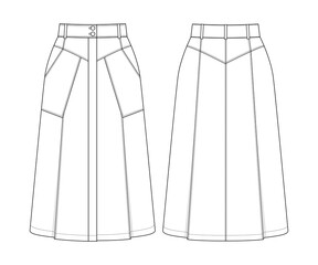 Fashion technical drawing of  midi denim skirt 