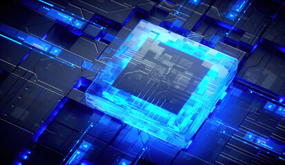 3D rendering of cyberpunk AI. Circuit board. Technology background. Central Computer Processors CPU and GPU concept. Motherboard digital chip. Tech science background.