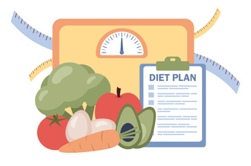 Diet plan with healthy food. Nutritionist concept. Weight loss, calorie control and physical activity. Vector flat illustration  - obrazy, fototapety, plakaty