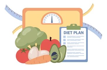 Foto op Plexiglas Diet plan with healthy food. Nutritionist concept. Weight loss, calorie control and physical activity. Vector flat illustration  © Marta Sher