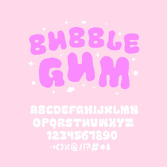 Fototapeta premium Funny Hand Drawn Alphabet for chewing gum, shampoo, mouthwash, games. Original cartoon letters and symbols bubble, stars, cloud. Vector Illustration. 