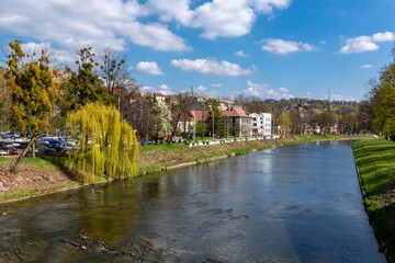 Fototapeta na wymiar The Olza River and View from Friendship Bridge in Cieszyn