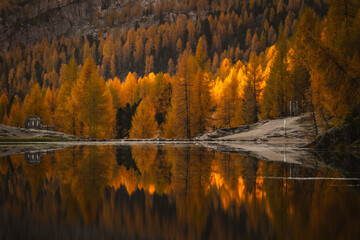 Autumn in the Italian Dolomites. The most beautiful time of the year to visit this place. Beautiful colors and breathtaking views. Mountain peaks above the valleys. © PawelUchorczak