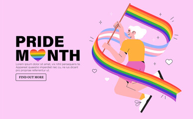 Cheerful character with rainbow lgbtq and transgender flag celebrate pride month or day vector flat illustration. LGBTQ support social media banner or post template, greeting card on pink background.