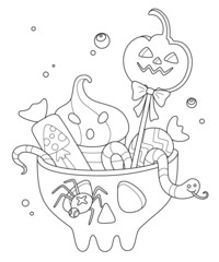 Still life for Happy Halloween. Vector illustration with holiday attributes - potion, candy , ghost and balloons. For holiday decoration, prints, packaging, postcards, design of various.