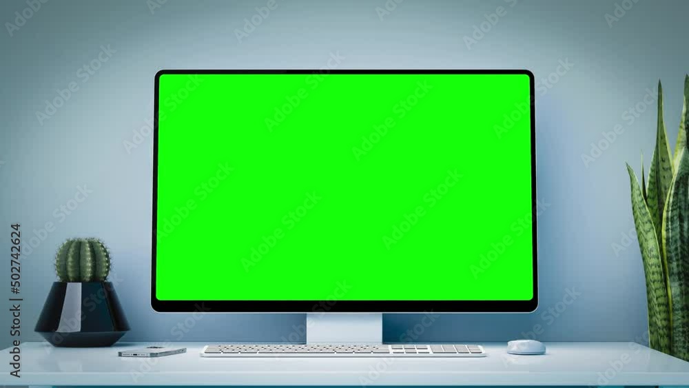 Poster computer all-in-one with a blank screen front in industrial loft office interior - camera approaches
