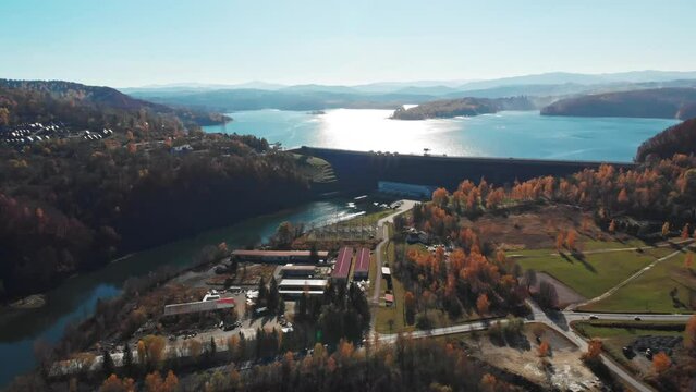 Hydroelectric Power Plant at Solina Lake. Solina Dam in Poland. Renewable Energy Hydropower. High quality 4k footage