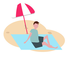 ビーチでくつろぐ男性 日光浴 海で過ごす休日。ベクターイラスト