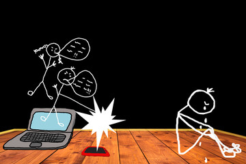 Teen cyberbullying, victim of harassment by a group of cruel teenagers.